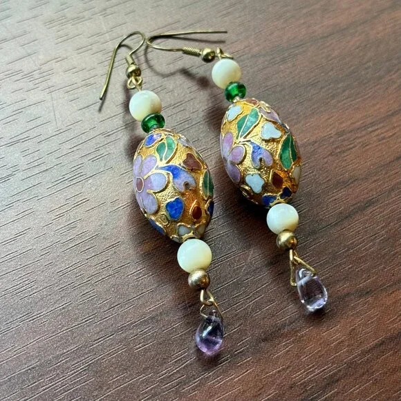 Vintage Gold Tone Floral Cloisonne Earrings with Shell Accents - Picture 2 of 4